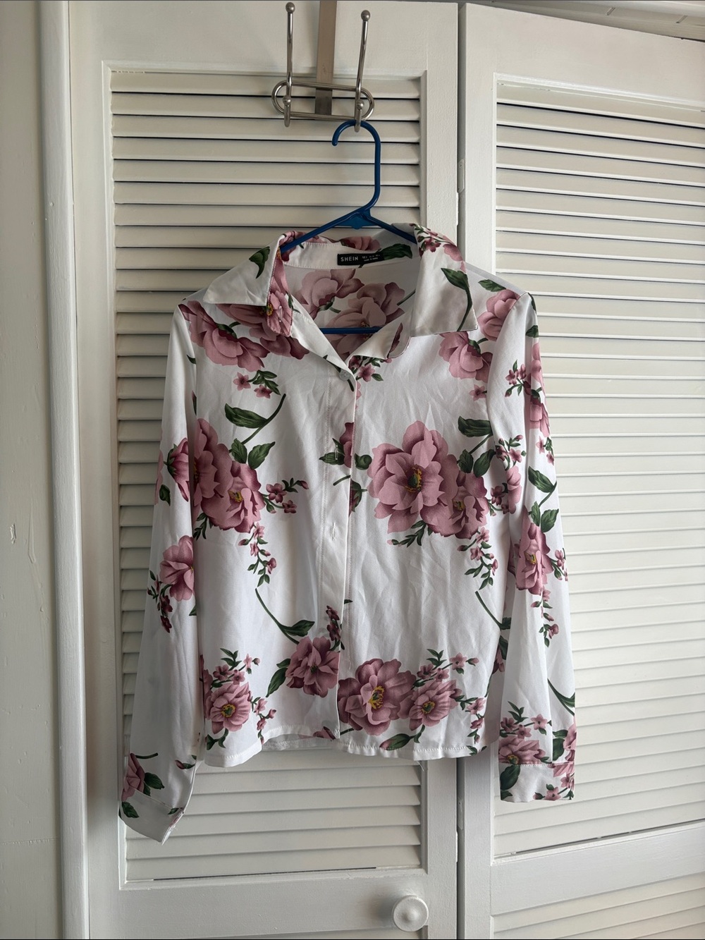 SHEIN White Button-Down Shirt with Pink Floral Print